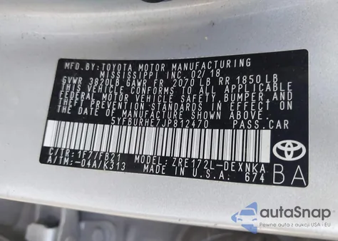 2018 Toyota Corolla Le из США, поврежденный, VIN 5YFBURHE7JP812470